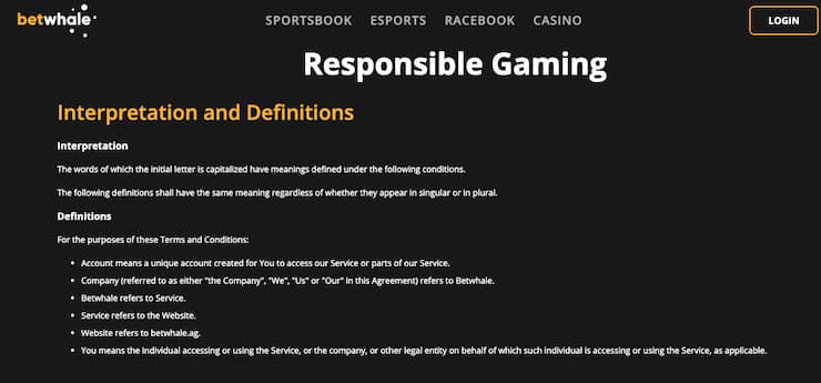 An image of the responsible gambling section at BetWhale, one of the best sites for live dealer roulette.